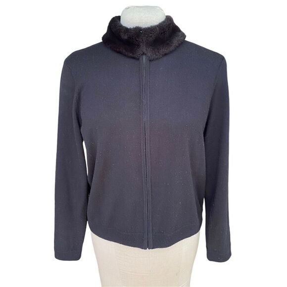 Nina Leonard Classic Zip Cardi w/Faux Fur Collar Sz L Long Sleeve Wool Blend - Picture 1 of 9